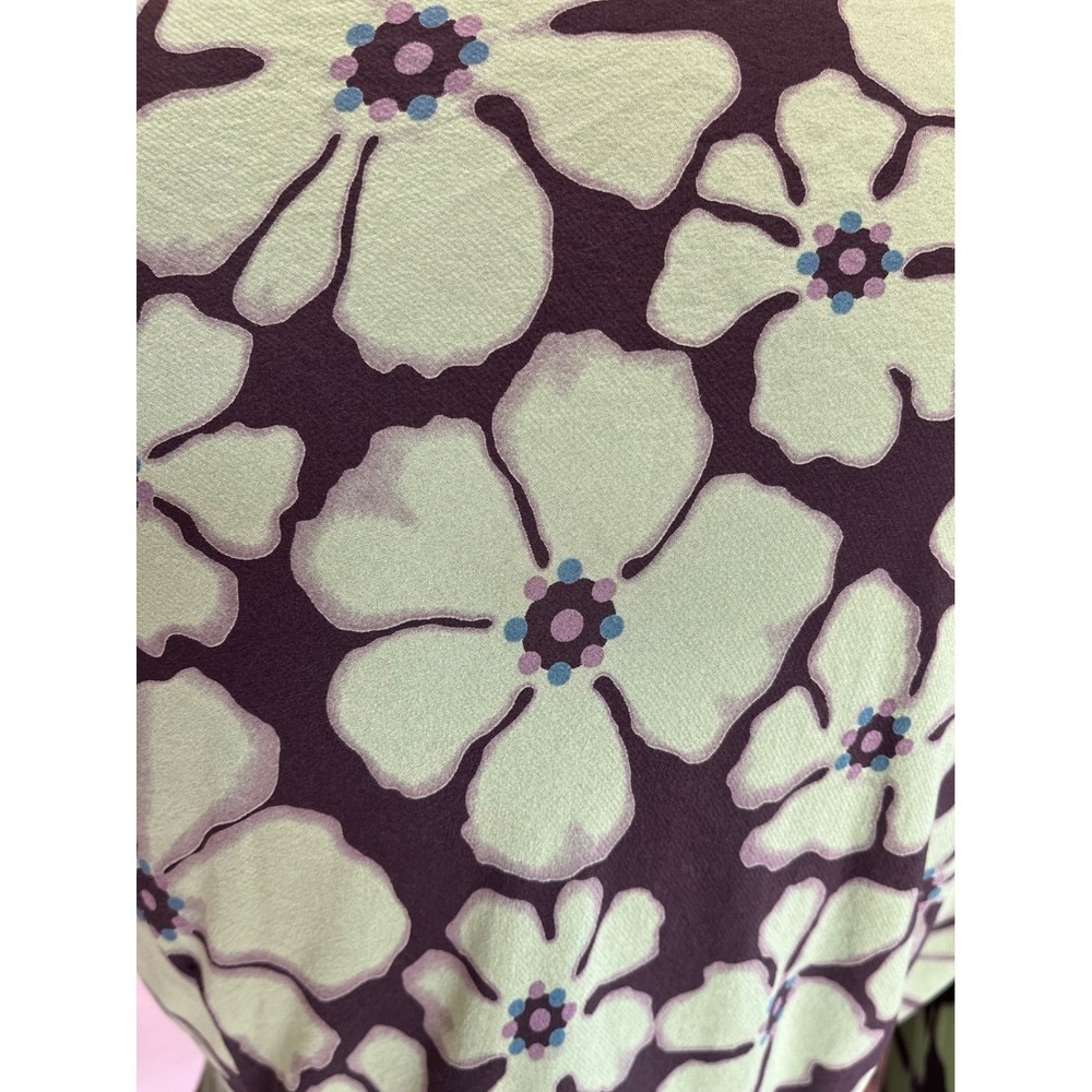 Retro Floral V-Neck Tie Front Blouse Lime Green Brown Long Sleeve Top - Picture 8 of 11